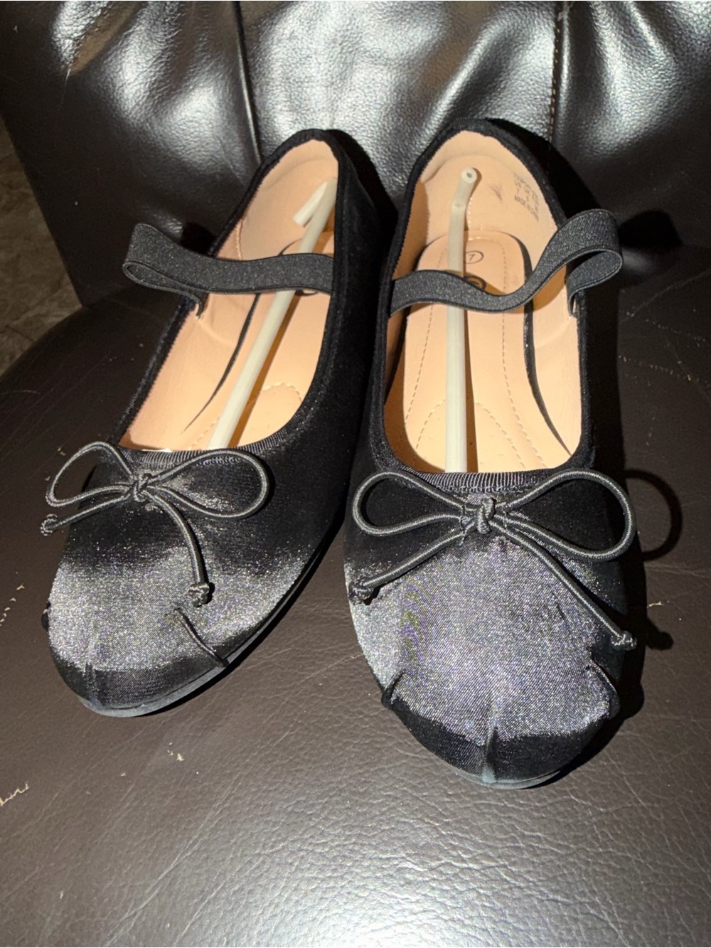 Girls Black Satin Mary Jane Flats with Bow Accent